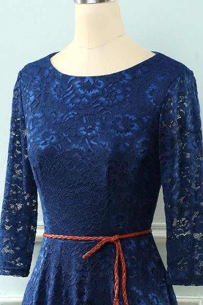 Medium sleeved elegant navy blue lace formal party guest dress