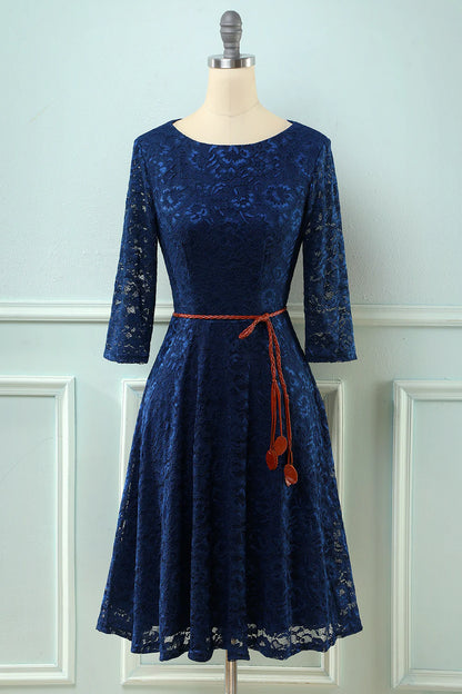 Medium sleeved elegant navy blue lace formal party guest dress