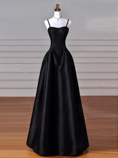 A-Line Sweetheart Neck Satin Black Long Prom Dress Black Long Prom Dress