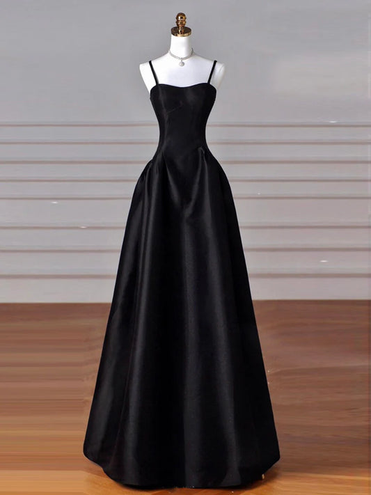 A-Line Sweetheart Neck Satin Black Long Prom Dress Black Long Prom Dress