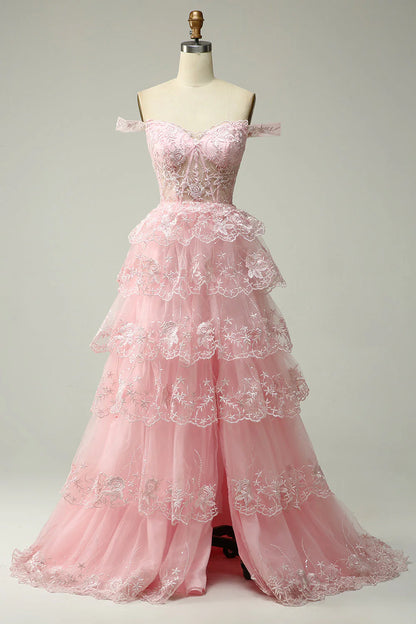 Sparkling black and pink layered lace A-line split long ball dress