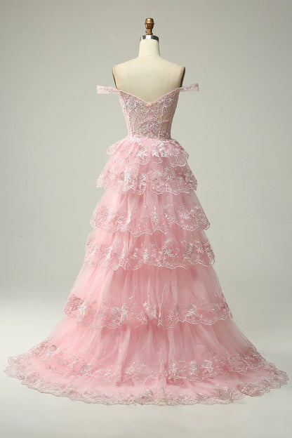 Sparkling black and pink layered lace A-line split long ball dress