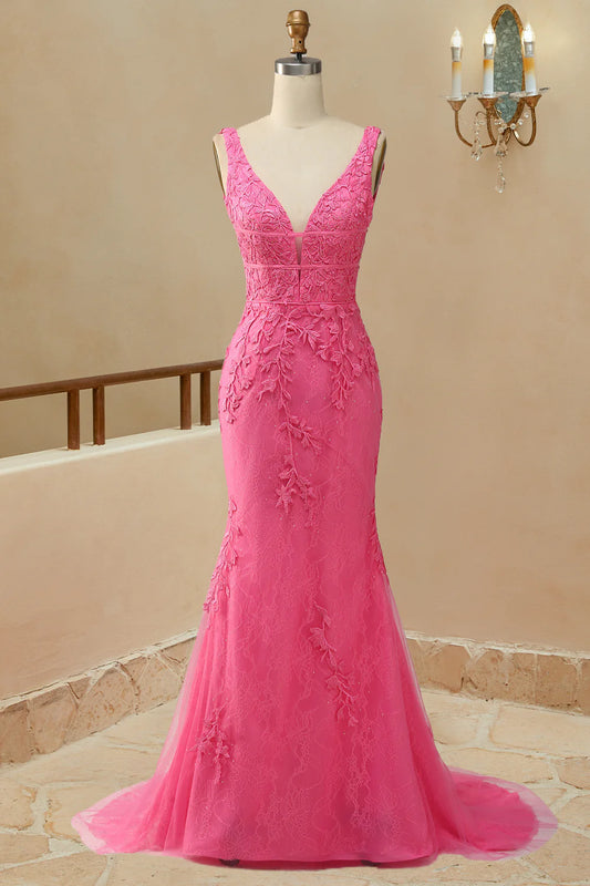 V-neck ball dress with mermaid lace embellishment and decal waistband hem