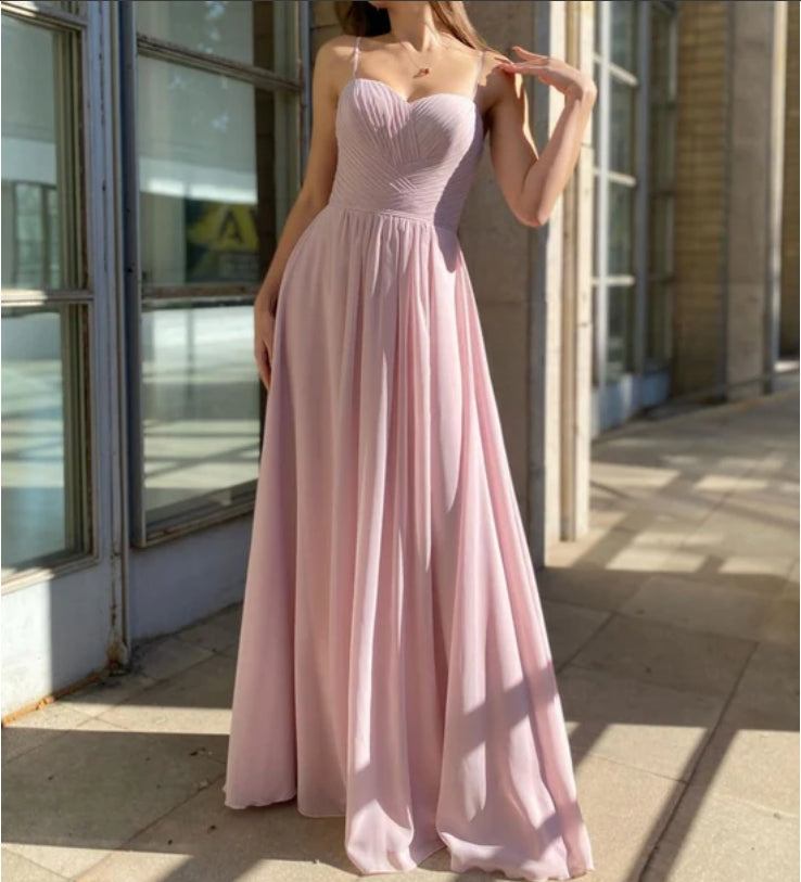 Sweetheart neck pink chiffon long prom dress pink bridesmaid dress