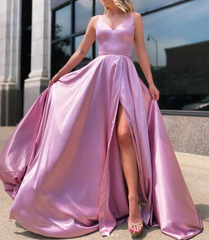 Simple pink satin long prom dress pink long Bridesmaid Dress