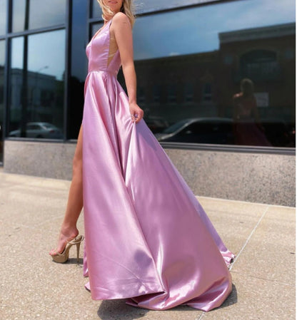 Simple pink satin long prom dress pink long Bridesmaid Dress