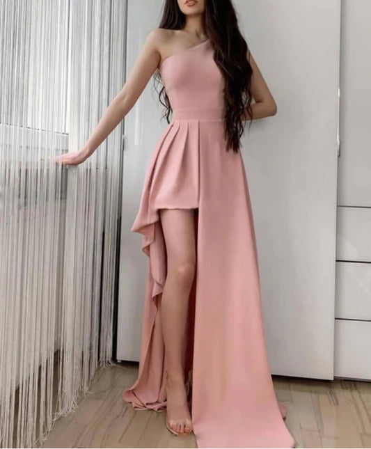 Pink One Shoulder Long Prom Dress PinkEvening Dress