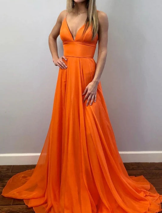 V neck chiffon long prom dress orange evening dress
