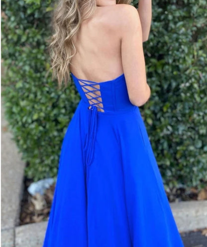 Simple blue satin long prom dress blue evening dress