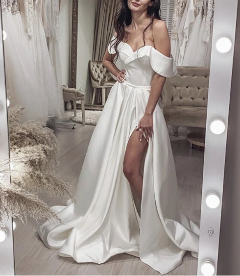 Wedding Dress Satin Split Off Shoulder