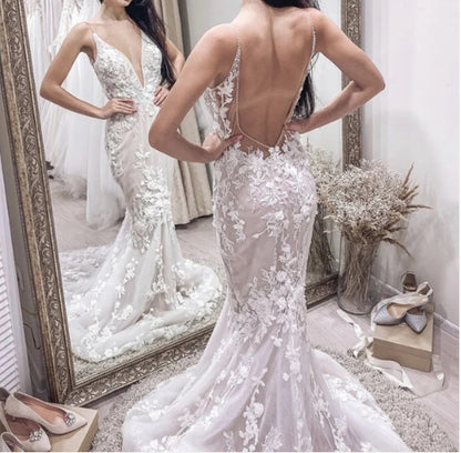 Boho Lace V Neck Mermaid Wedding Dress Open Back