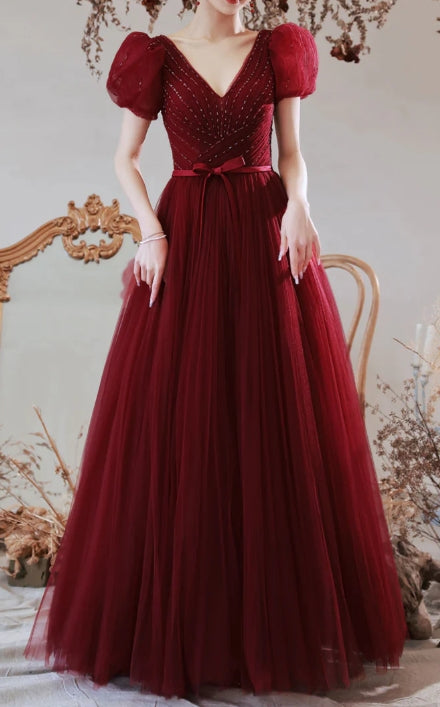 Princess Burgundy A-line Tulle Long Evening Dress