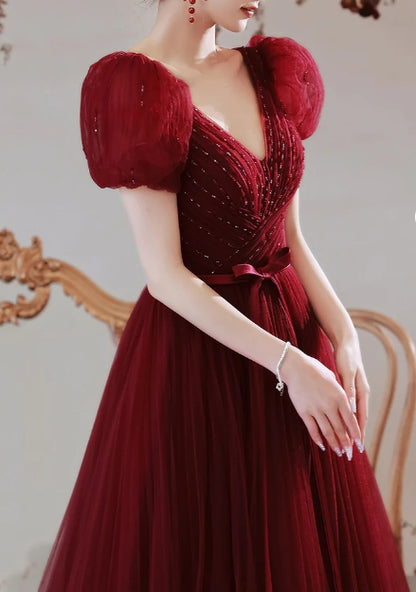 Princess Burgundy A-line Tulle Long Evening Dress