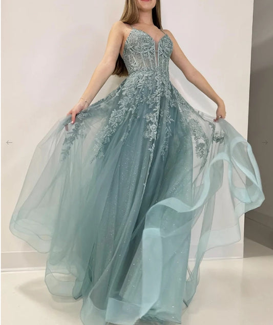 A-Line V Neck Tulle Lace Gray Green Long Evening Dress Gray Green Formal Dress