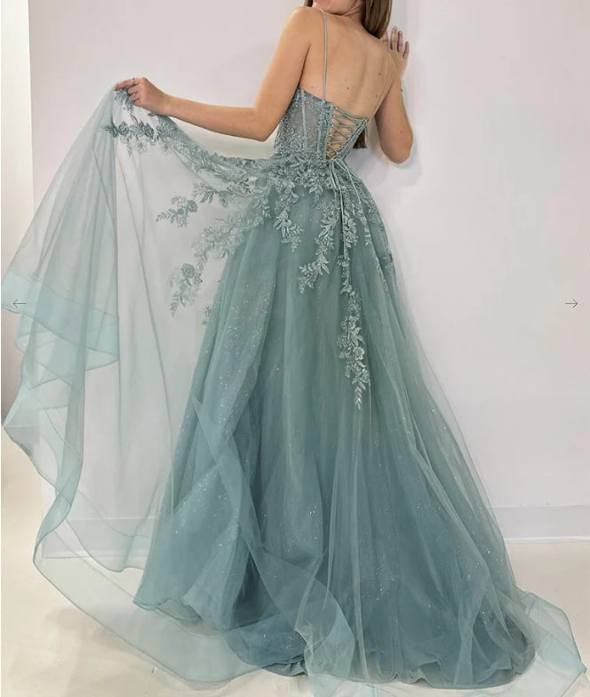 A-Line V Neck Tulle Lace Gray Green Long Evening Dress Gray Green Formal Dress