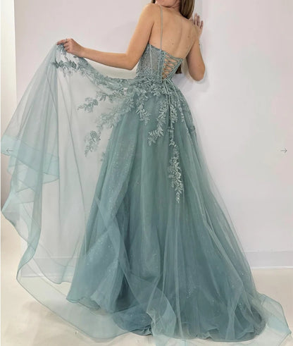 A-Line V Neck Tulle Lace Gray Green Long Evening Dress Gray Green Formal Dress