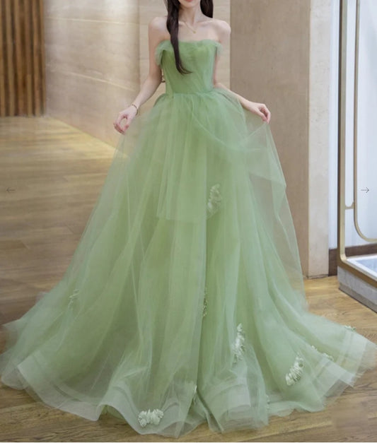 A-Line Tulle Green Long Evening Dress Green Long Formal Dress