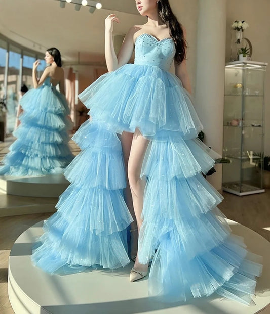 Sweetheart Neck High Low Tulle Blue Evening Dress Blue Tulle Formal Dress