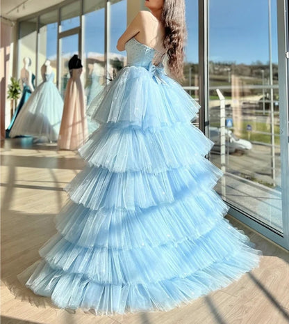 Sweetheart Neck High Low Tulle Blue Evening Dress Blue Tulle Formal Dress