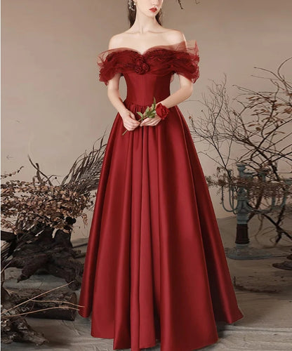 A-Line Off Shoulder Satin Burgundy Long Evening Dress Burgundy Long Formal Dress