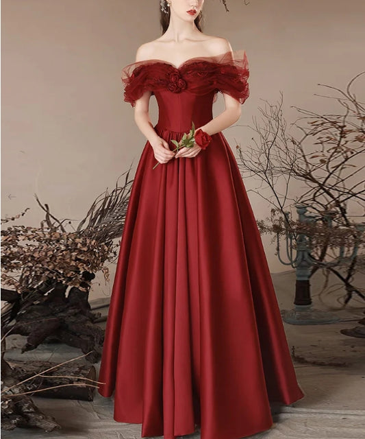 A-Line Off Shoulder Satin Burgundy Long Evening Dress Burgundy Long Formal Dress