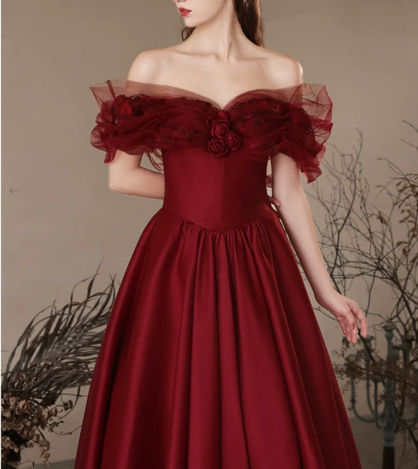 A-Line Off Shoulder Satin Burgundy Long Evening Dress Burgundy Long Formal Dress