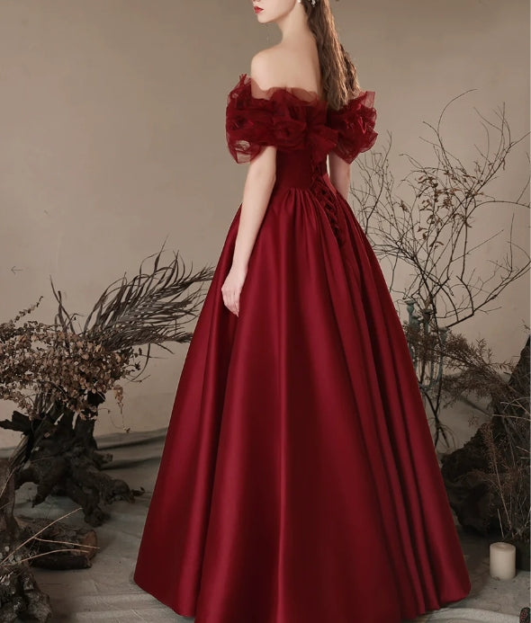 A-Line Off Shoulder Satin Burgundy Long Evening Dress Burgundy Long Formal Dress