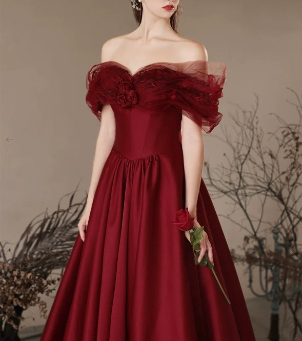 A-Line Off Shoulder Satin Burgundy Long Evening Dress Burgundy Long Formal Dress
