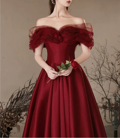 A-Line Off Shoulder Satin Burgundy Long Evening Dress Burgundy Long Formal Dress
