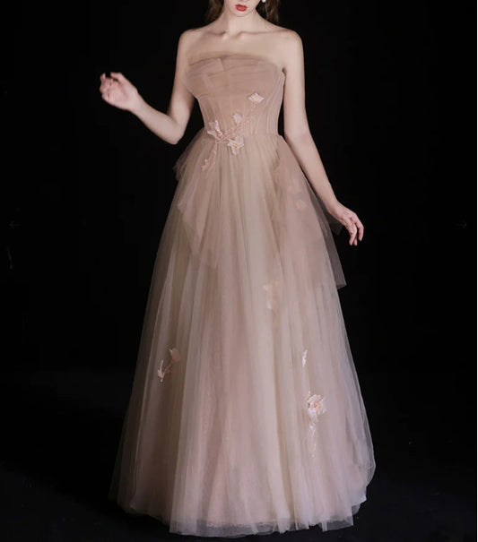 A-Line Champagne Tulle Beads Long Evening Dress Champagne Tulle Long Formal Dress