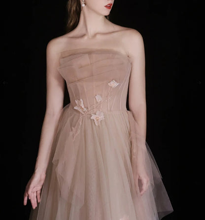 A-Line Champagne Tulle Beads Long Evening Dress Champagne Tulle Long Formal Dress