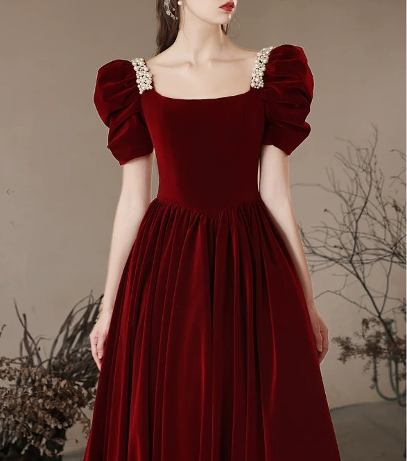 A- Line Velvet Burgundy Long Evening Dress Burgundy Long Formal Dress
