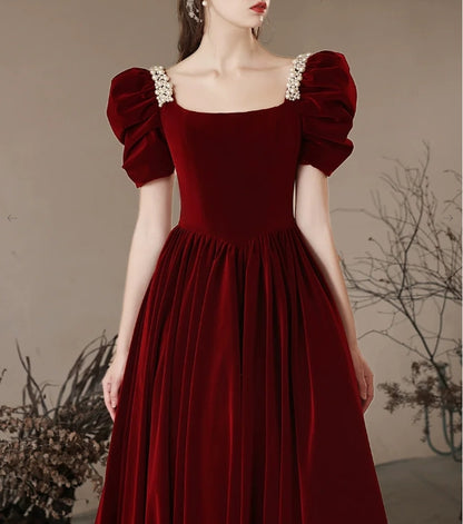 A- Line Velvet Burgundy Long Evening Dress Burgundy Long Formal Dress