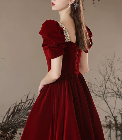 A- Line Velvet Burgundy Long Evening Dress Burgundy Long Formal Dress