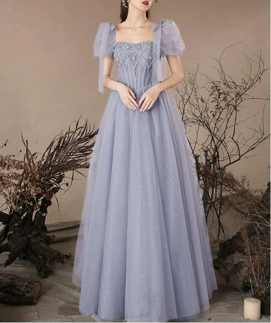 A-Line Sweetheart Neck Tulle Beads Blue Evening Dress Blue Long Evening Dress