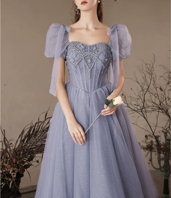 A-Line Sweetheart Neck Tulle Beads Blue Evening Dress Blue Long Evening Dress