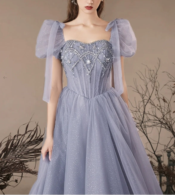 A-Line Sweetheart Neck Tulle Beads Blue Evening Dress Blue Long Evening Dress