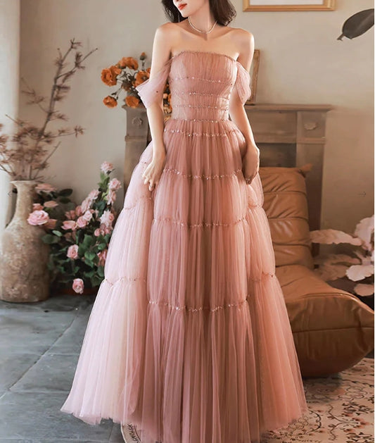 A-Line Pink Off Shoulder Long Evening Dress Pink Long Formal Dress
