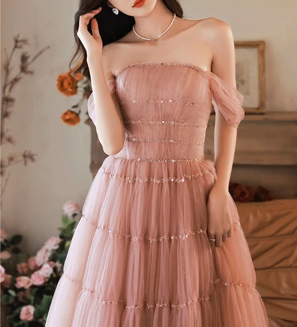 A-Line Pink Off Shoulder Long Evening Dress Pink Long Formal Dress