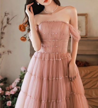 A-Line Pink Off Shoulder Long Evening Dress Pink Long Formal Dress