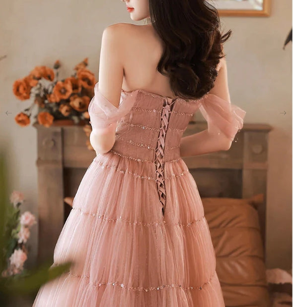 A-Line Pink Off Shoulder Long Evening Dress Pink Long Formal Dress