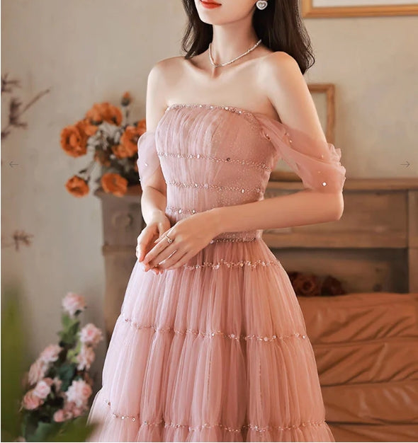 A-Line Pink Off Shoulder Long Evening Dress Pink Long Formal Dress