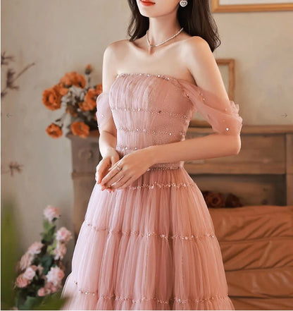 A-Line Pink Off Shoulder Long Evening Dress Pink Long Formal Dress