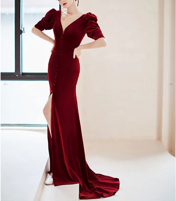 Burgundy V neck Velvet Long Evening Dress Burgundy Formal Evening Dress