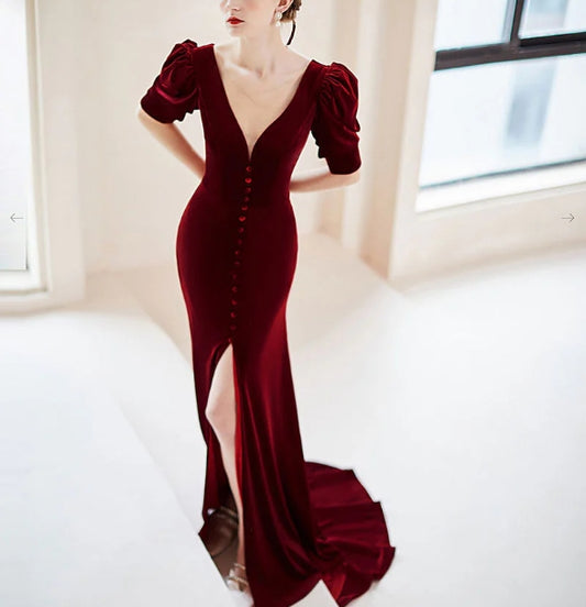 Burgundy V neck Velvet Long Evening Dress Burgundy Formal Evening Dress