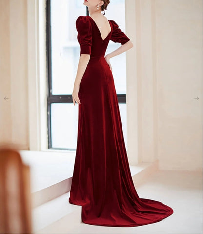 Burgundy V neck Velvet Long Evening Dress Burgundy Formal Evening Dress