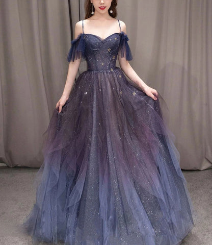 Purple sweetheart neck tulle sequin long evening dress purple evening dress