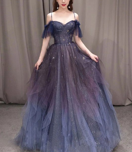 Purple sweetheart neck tulle sequin long evening dress purple evening dress