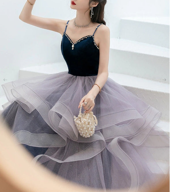 Purple sweetheart neck tulle long Evening dress purple evening dress