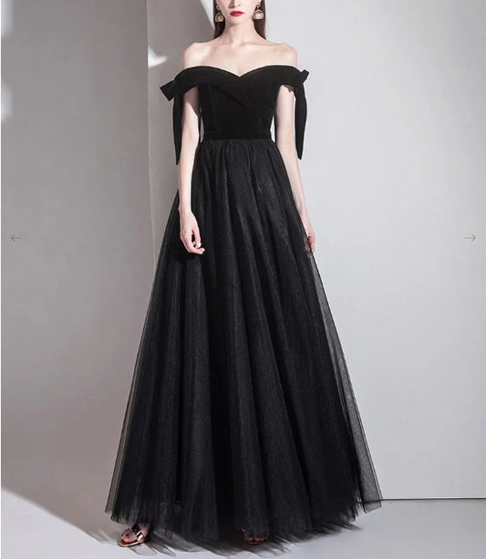 Simple black off shoulder tulle long Evening dress black evening dress